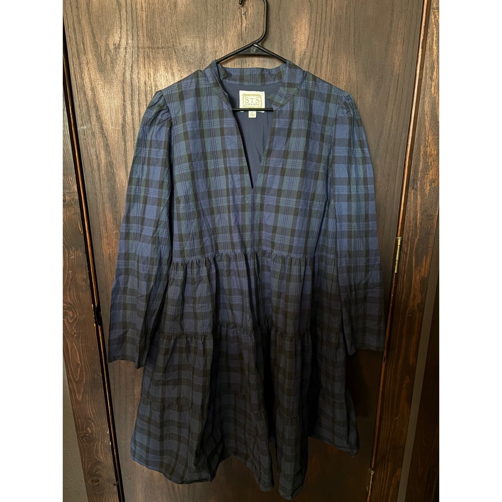 STS Plaid Tiered Babydoll Dress Navy Green Cotton Long Sleeve XL Sail to Sable